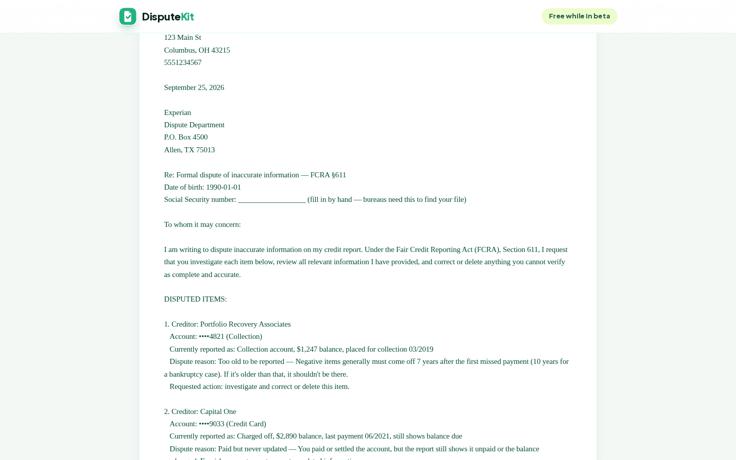 DisputeKit dispute letter